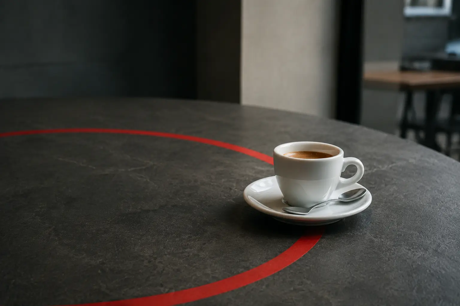 A white coffee cup pushed beyond a thin red circular boundary on a dark conference table, casting an outsized shadow