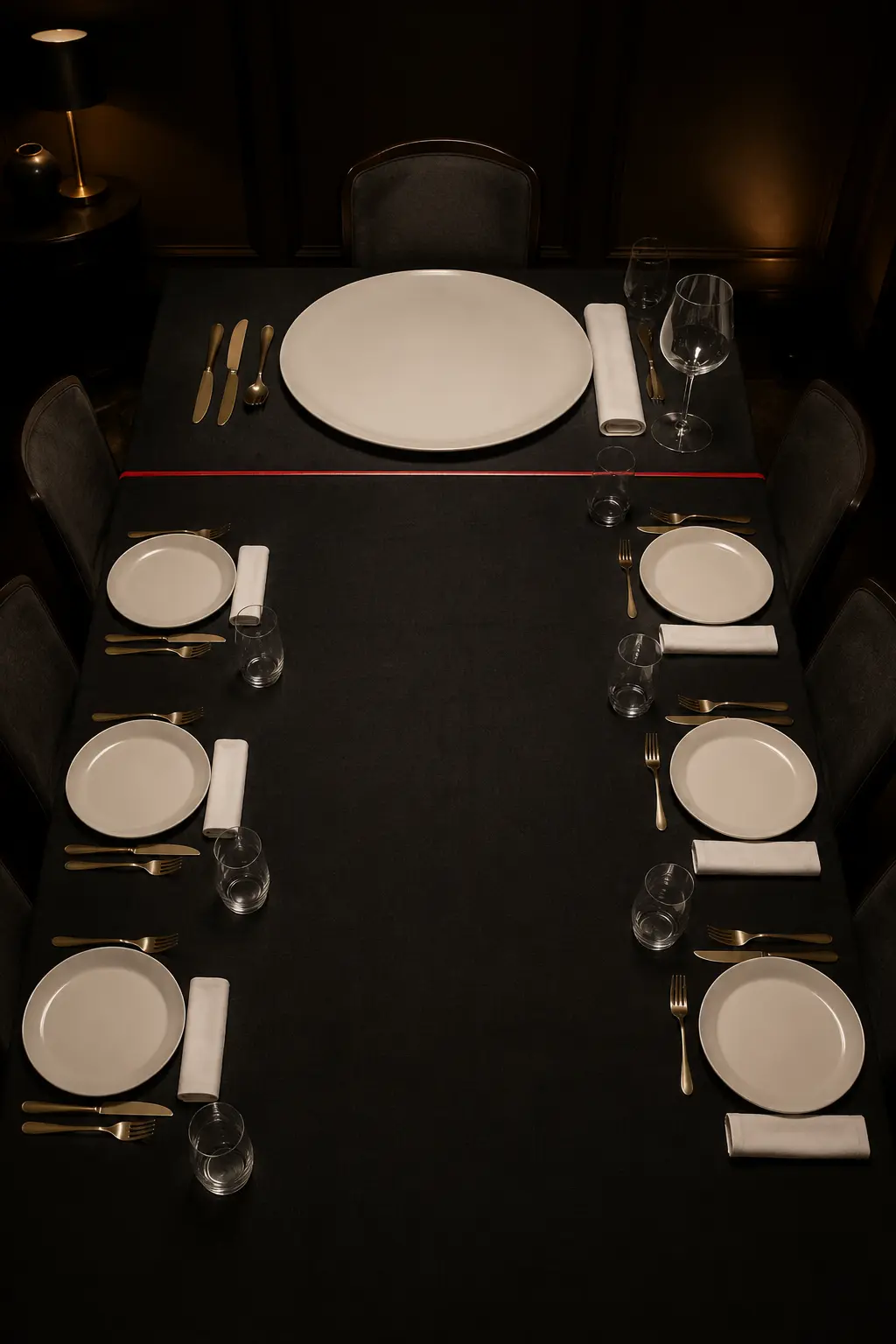 A formal dinner table with five modest place settings and one oversized head chair occupying most of the visual space