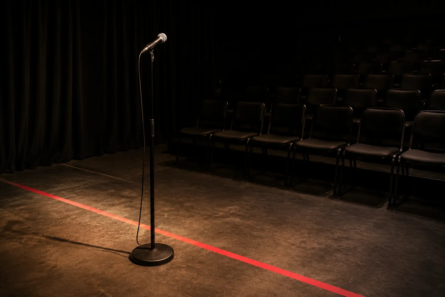 A single vintage microphone crossing a red stage line beneath a spotlight in an empty theatre